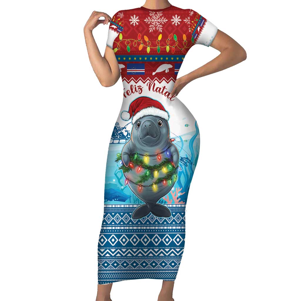 Personalised Cape Verde Christmas Family Matching Short Sleeve Bodycon Dress and Hawaiian Shirt Manatee Feliz Natal - Wonder Print Shop