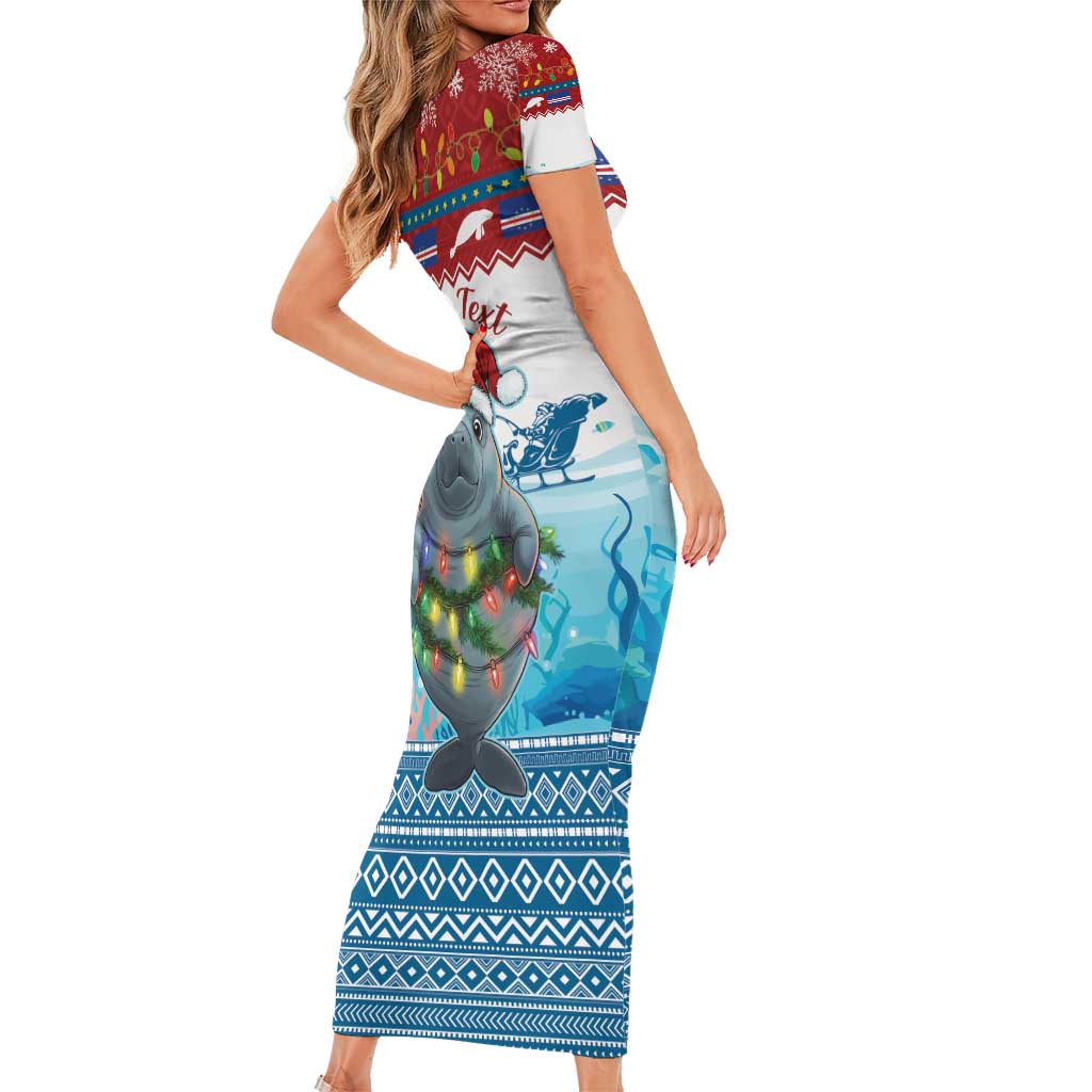 Personalised Cape Verde Christmas Short Sleeve Bodycon Dress Manatee Feliz Natal - Wonder Print Shop