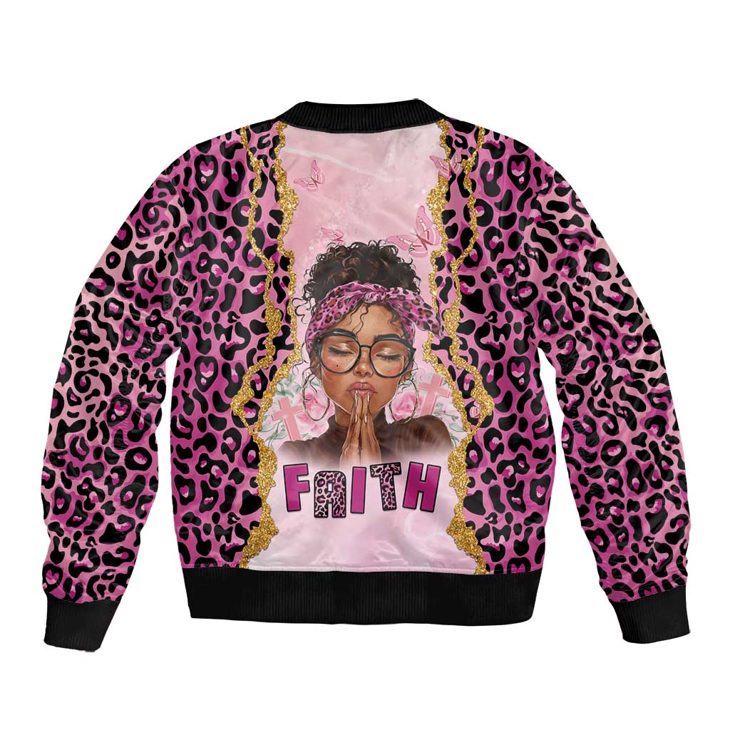 Black Her Story Bomber Jacket Faith Pink Leopard - Wonder Print Shop