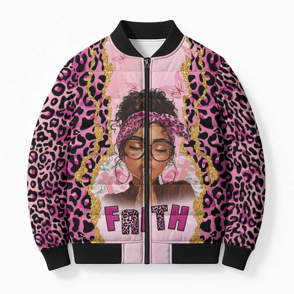 Black Her Story Bomber Puffer Jacket Faith Pink Leopard - Wonder Print Shop