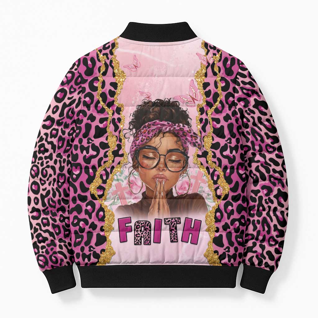 Black Her Story Bomber Puffer Jacket Faith Pink Leopard - Wonder Print Shop