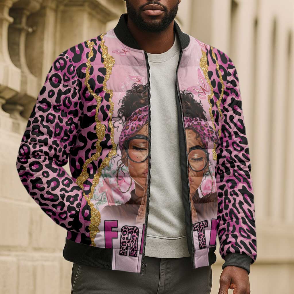 Black Her Story Bomber Puffer Jacket Faith Pink Leopard - Wonder Print Shop