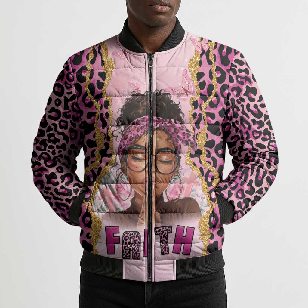 Black Her Story Bomber Puffer Jacket Faith Pink Leopard - Wonder Print Shop