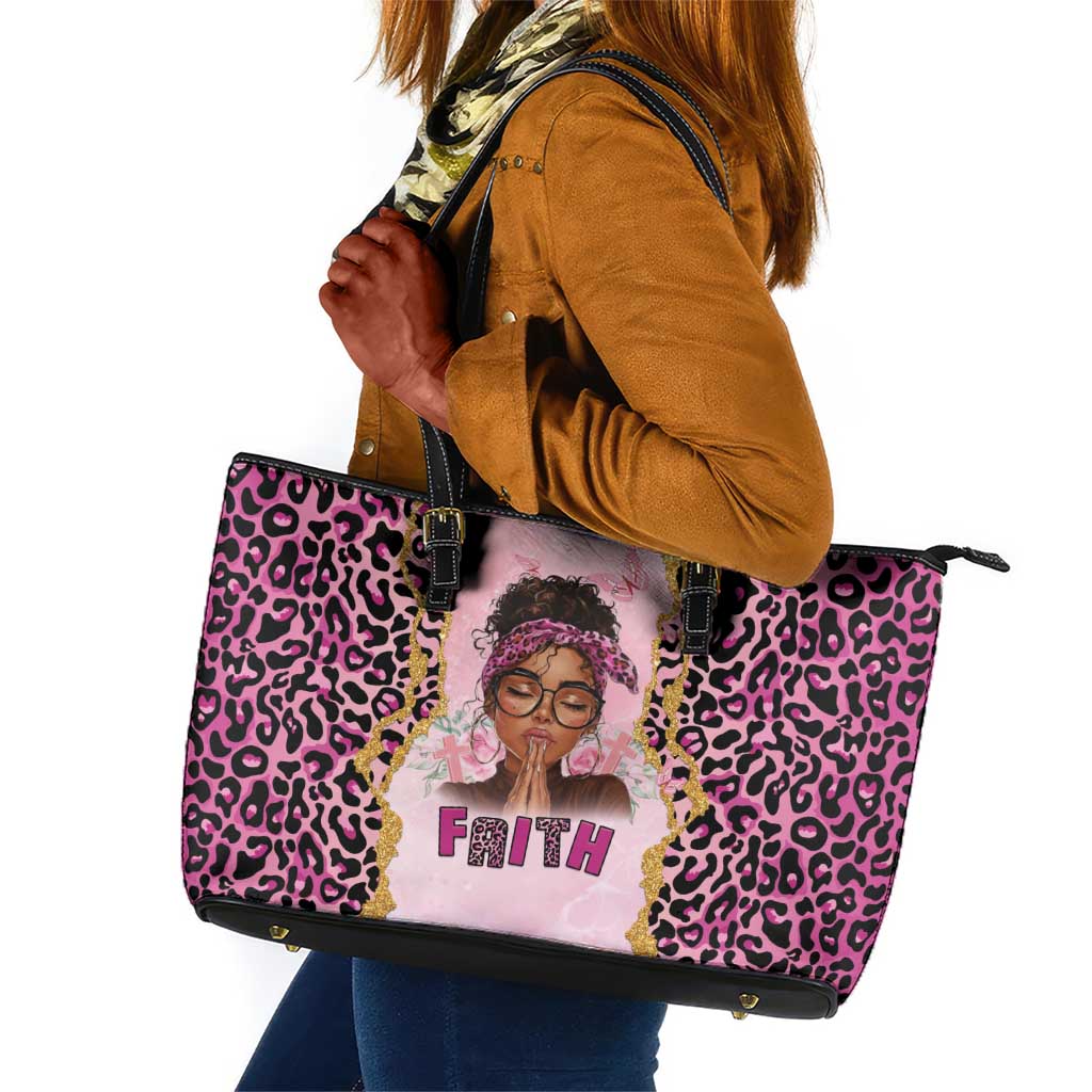 Black Her Story Leather Tote Bag Faith Pink Leopard - Wonder Print Shop