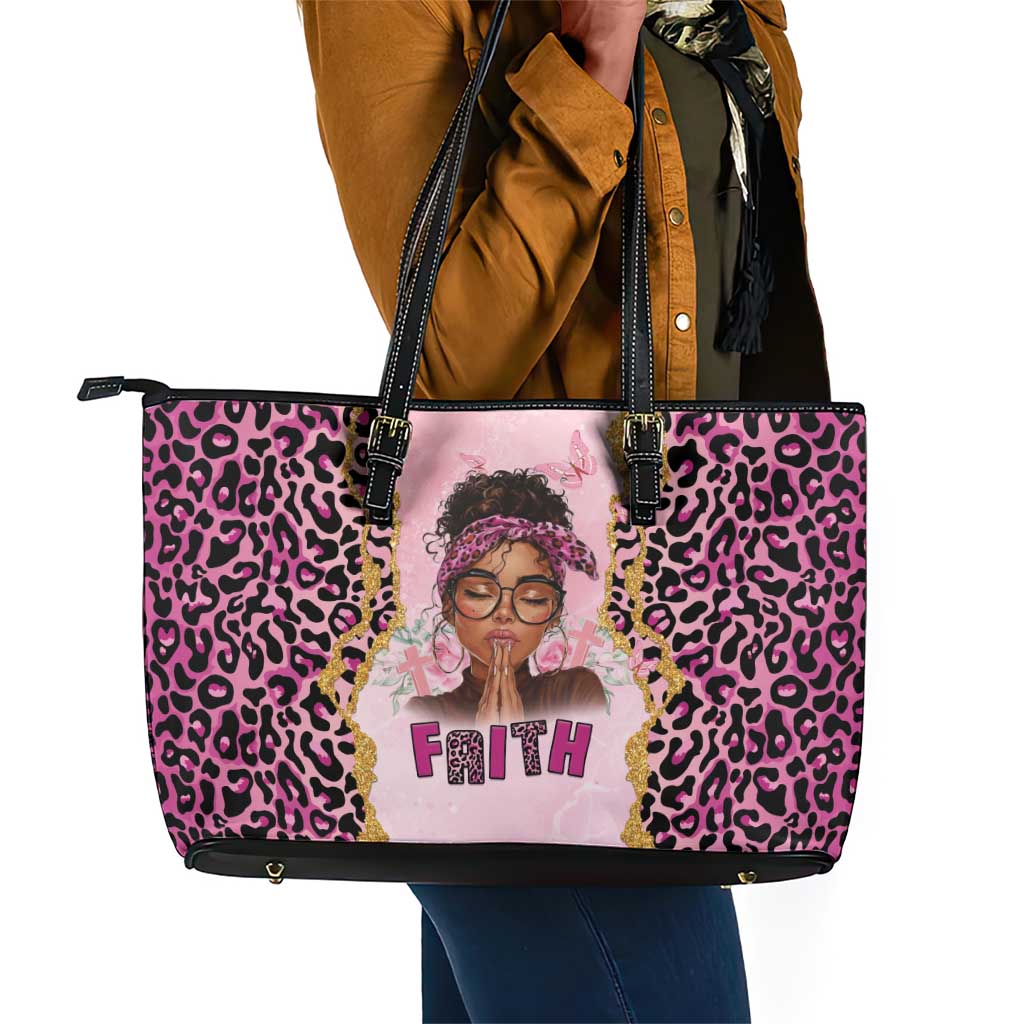 Black Her Story Leather Tote Bag Faith Pink Leopard - Wonder Print Shop