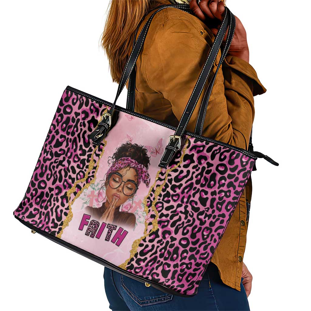 Black Her Story Leather Tote Bag Faith Pink Leopard - Wonder Print Shop