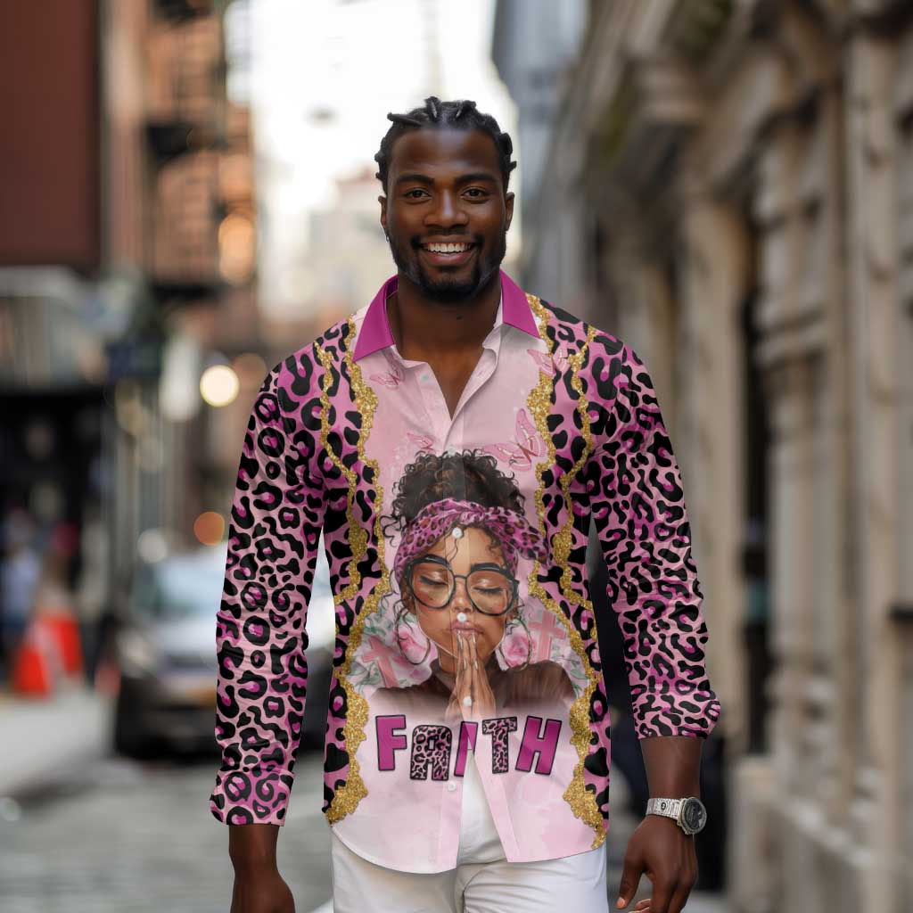 Black Her Story Long Sleeve Button Shirt Faith Pink Leopard - Wonder Print Shop