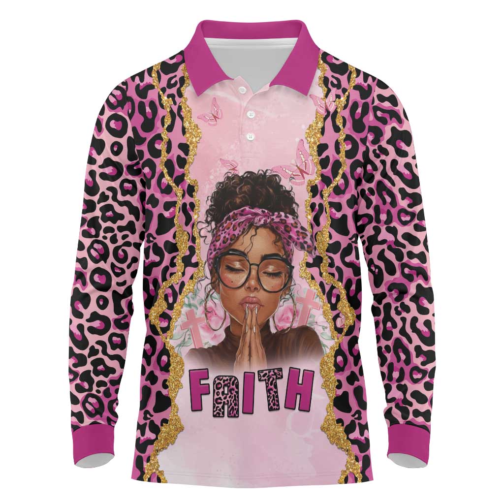 Black Her Story Long Sleeve Polo Shirt Faith Pink Leopard - Wonder Print Shop