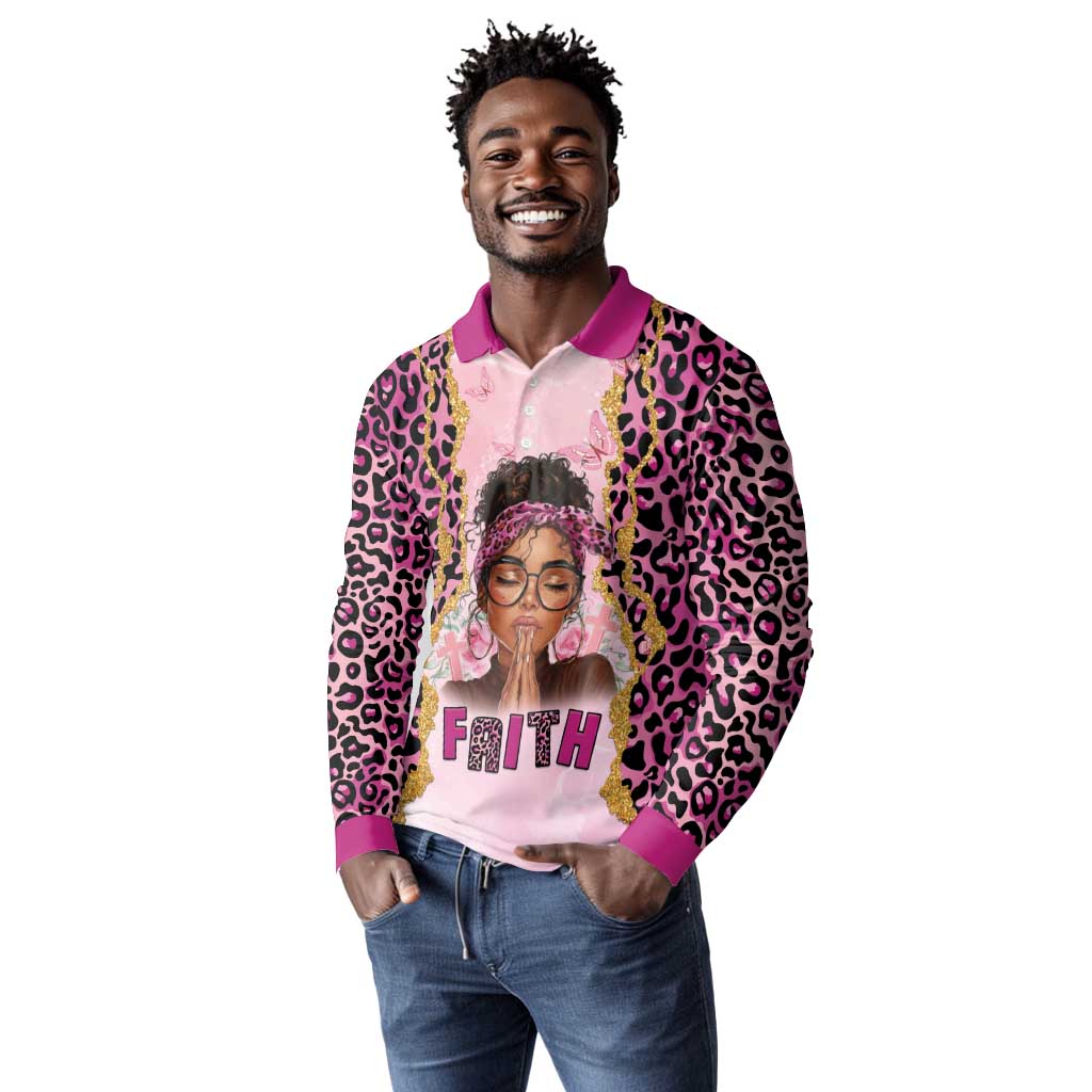 Black Her Story Long Sleeve Polo Shirt Faith Pink Leopard - Wonder Print Shop