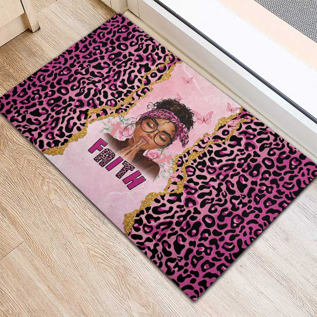 Black Her Story Rubber Doormat Faith Pink Leopard - Wonder Print Shop