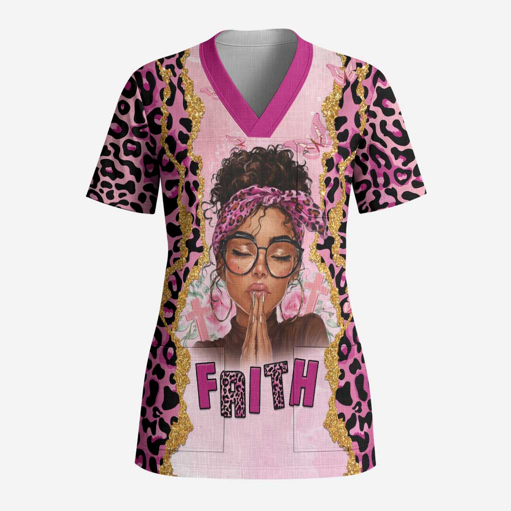 Black Her Story Scrub Top Faith Pink Leopard - Wonder Print Shop