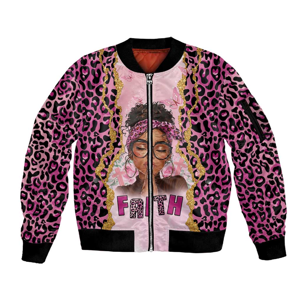 Black Her Story Sleeve Zip Bomber Jacket Faith Pink Leopard - Wonder Print Shop
