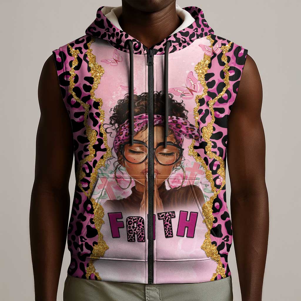 Black Her Story Sleeveless Zip Hoodie Faith Pink Leopard - Wonder Print Shop