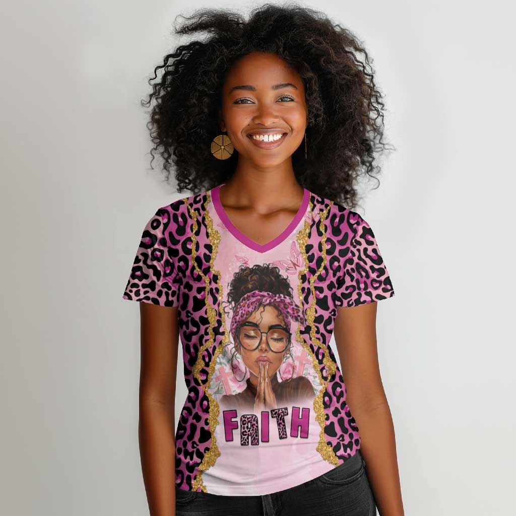 Black Her Story Women V-Neck T-Shirt Faith Pink Leopard - Wonder Print Shop