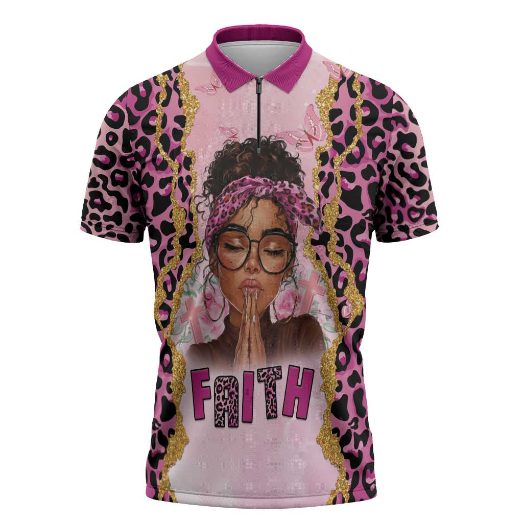 Black Her Story Zipper Polo Shirt Faith Pink Leopard - Wonder Print Shop