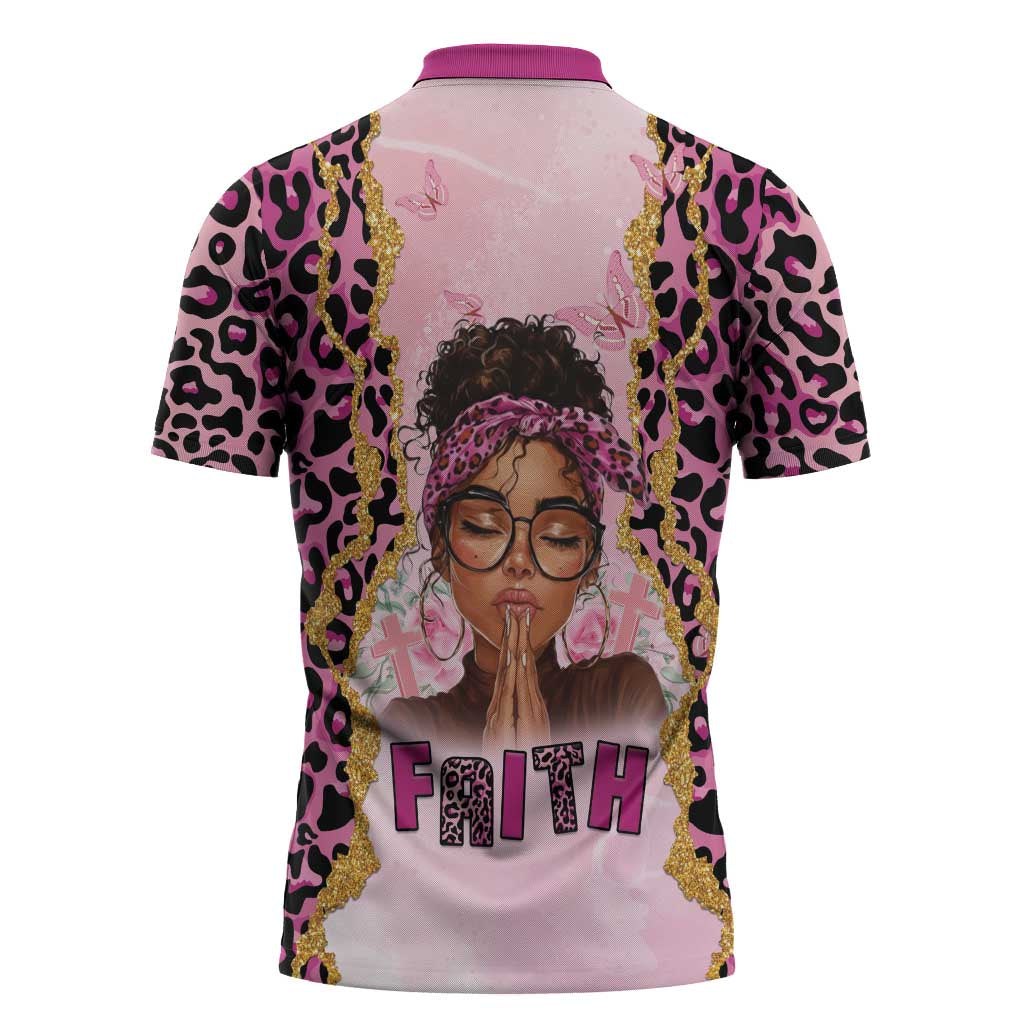 Black Her Story Zipper Polo Shirt Faith Pink Leopard - Wonder Print Shop