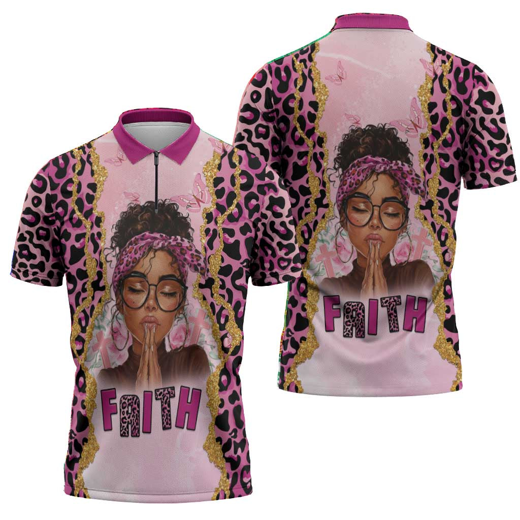 Black Her Story Zipper Polo Shirt Faith Pink Leopard - Wonder Print Shop