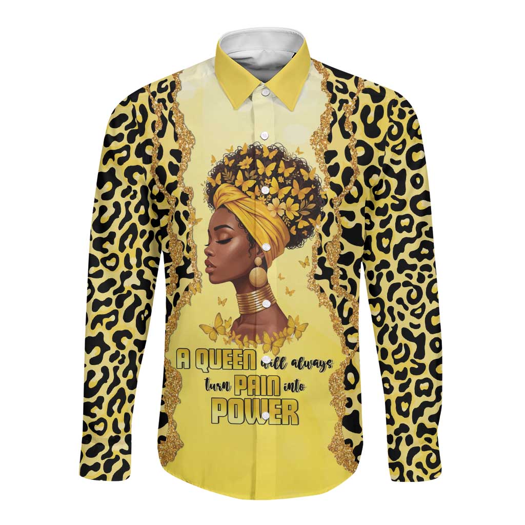 Black Her Story Long Sleeve Button Shirt A Queen Turns Pain Into Power - Wonder Print Shop