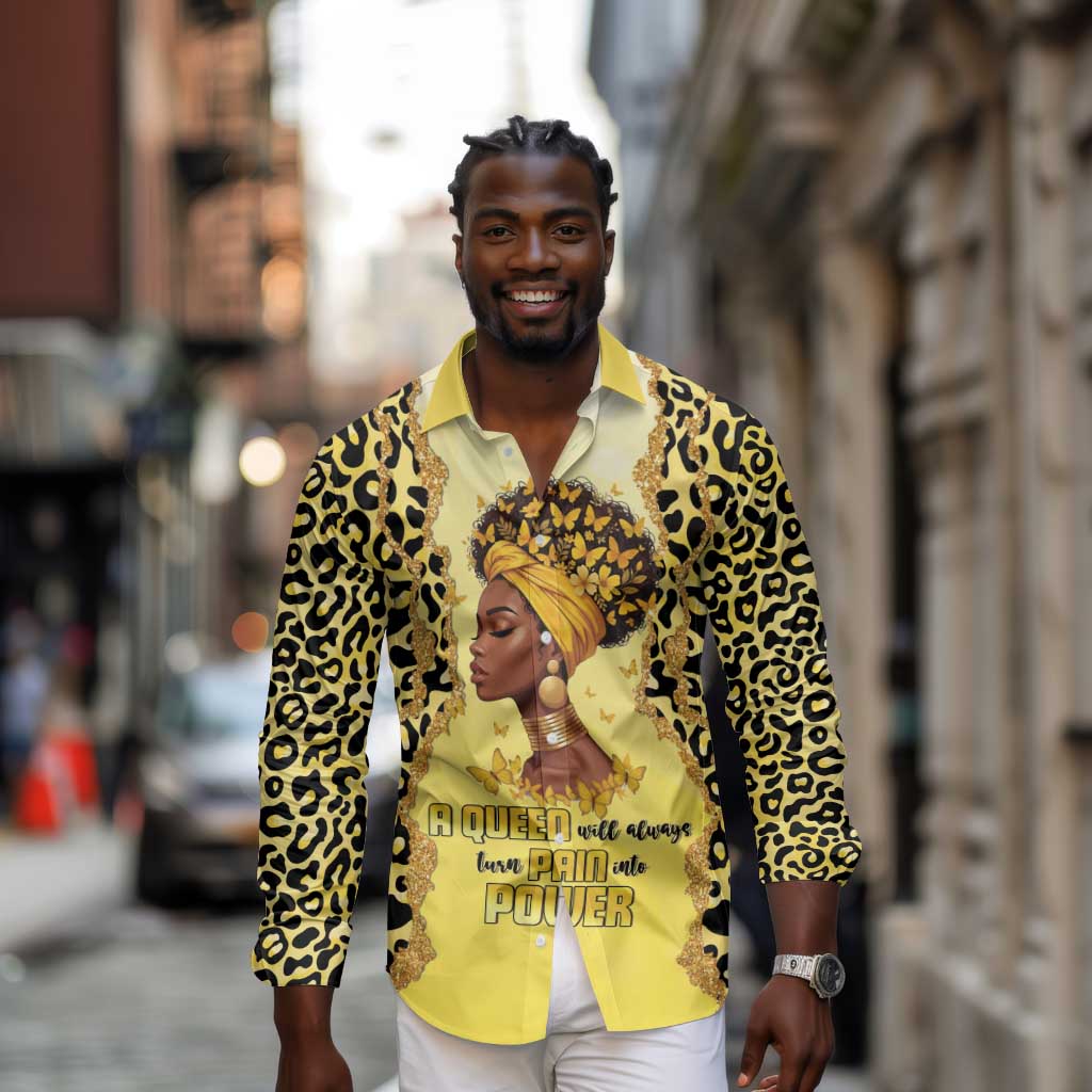 Black Her Story Long Sleeve Button Shirt A Queen Turns Pain Into Power - Wonder Print Shop