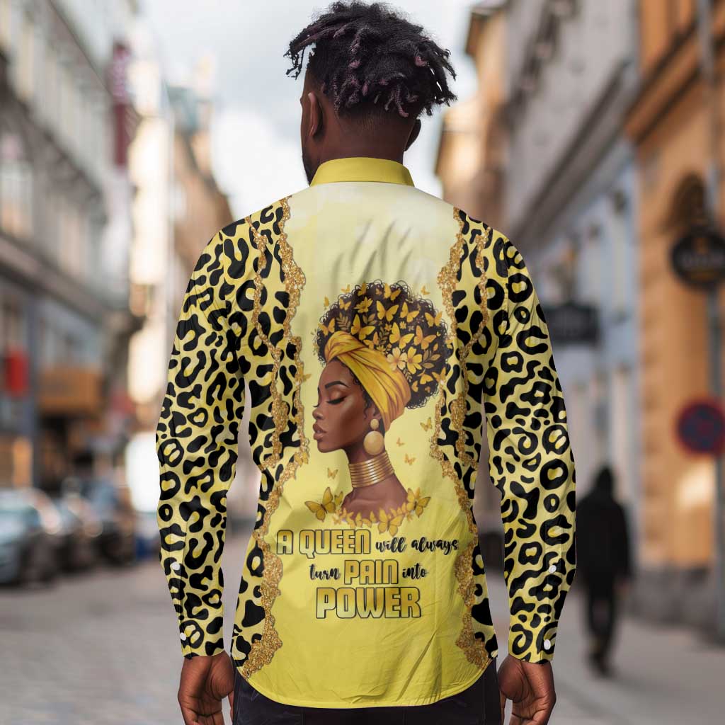 Black Her Story Long Sleeve Button Shirt A Queen Turns Pain Into Power - Wonder Print Shop
