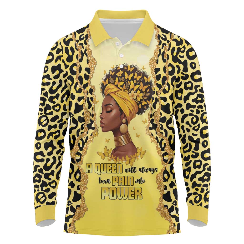 Black Her Story Long Sleeve Polo Shirt A Queen Turns Pain Into Power - Wonder Print Shop