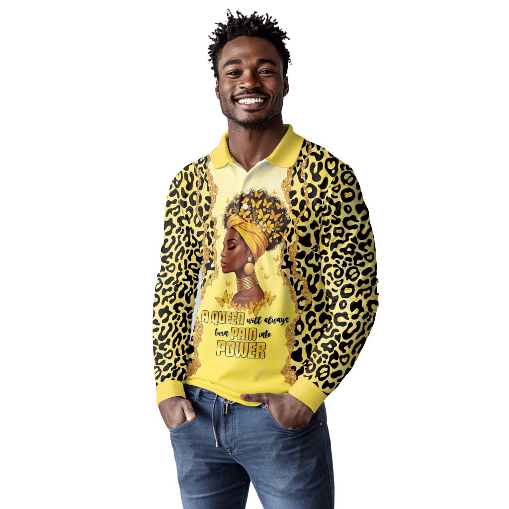 Black Her Story Long Sleeve Polo Shirt A Queen Turns Pain Into Power - Wonder Print Shop