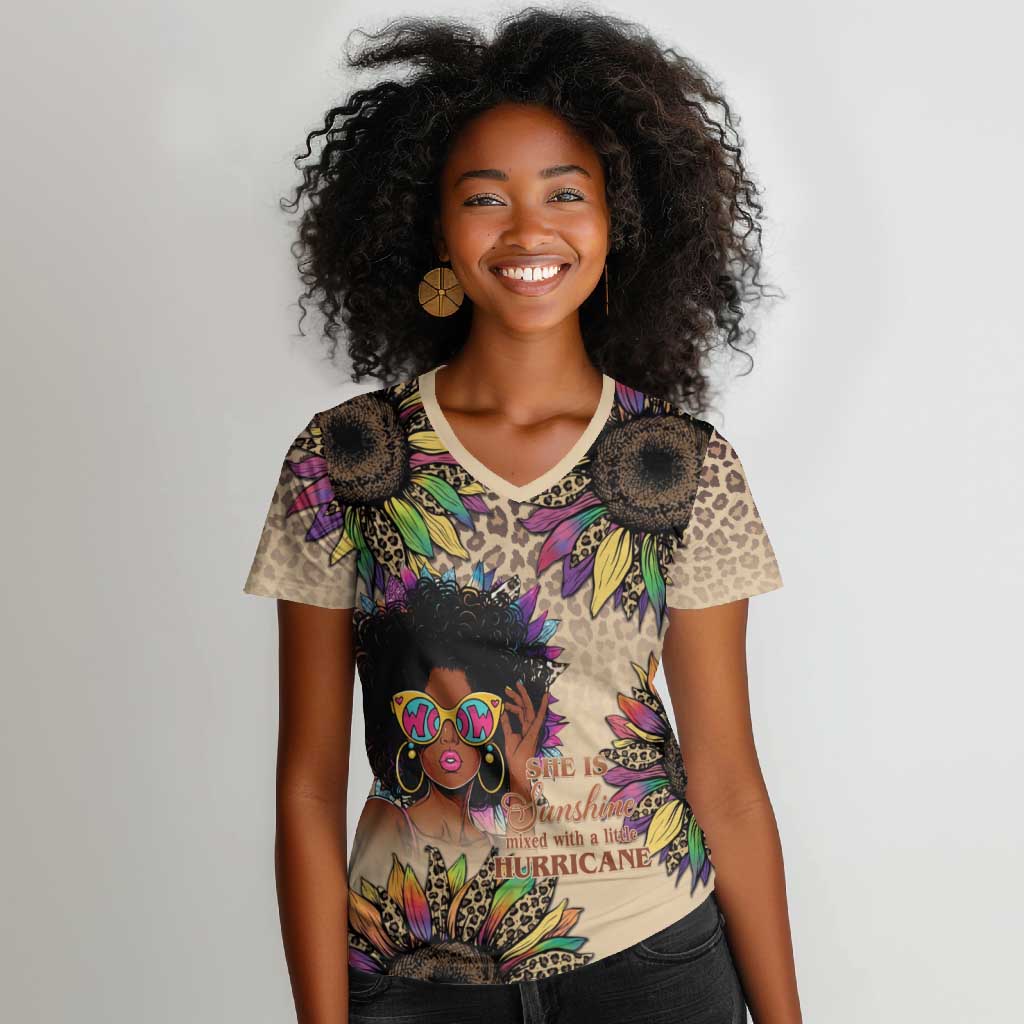 Black Her Story Sunshine Hurricane Women V-Neck T-Shirt Empowered Black Woman - Wonder Print Shop