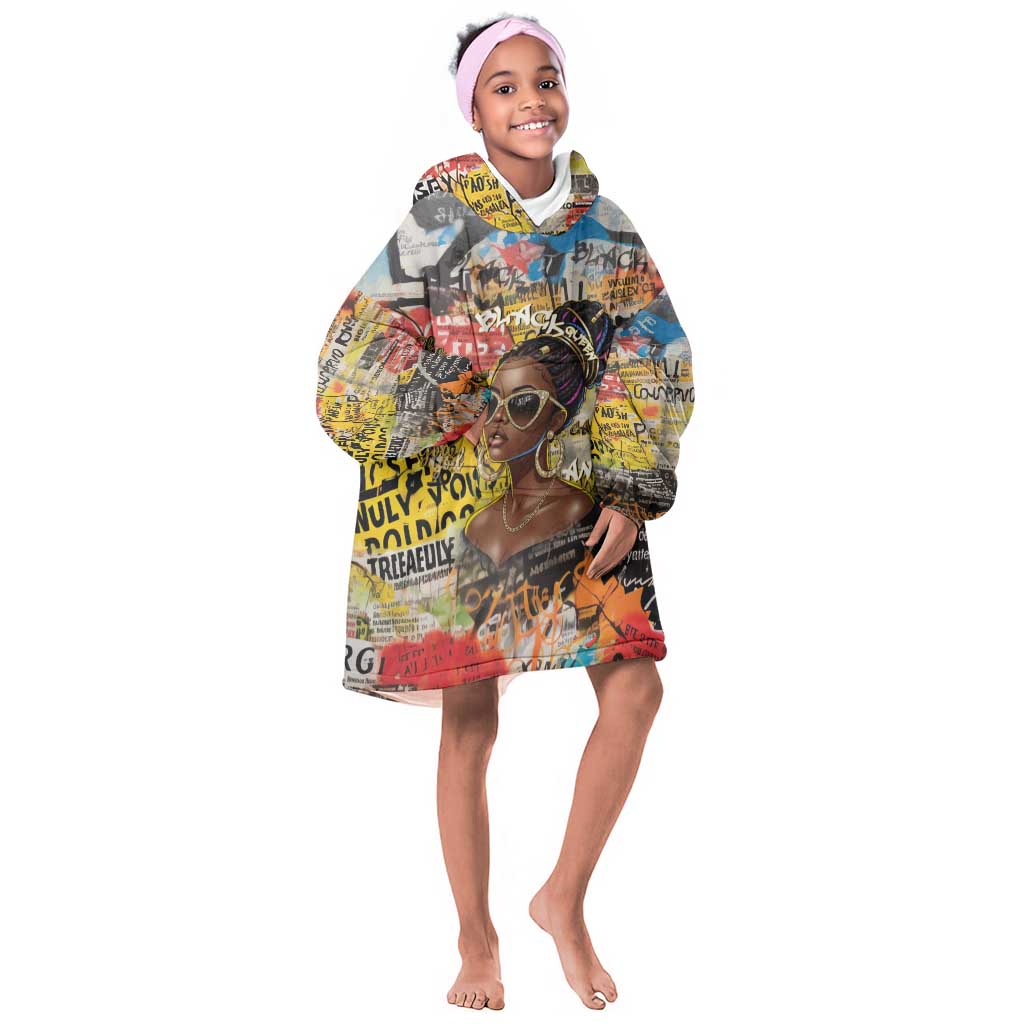 Black Her Story Graffiti Queen Kid Wearable Blanket Hoodie Black Woman Empowerment - Wonder Print Shop