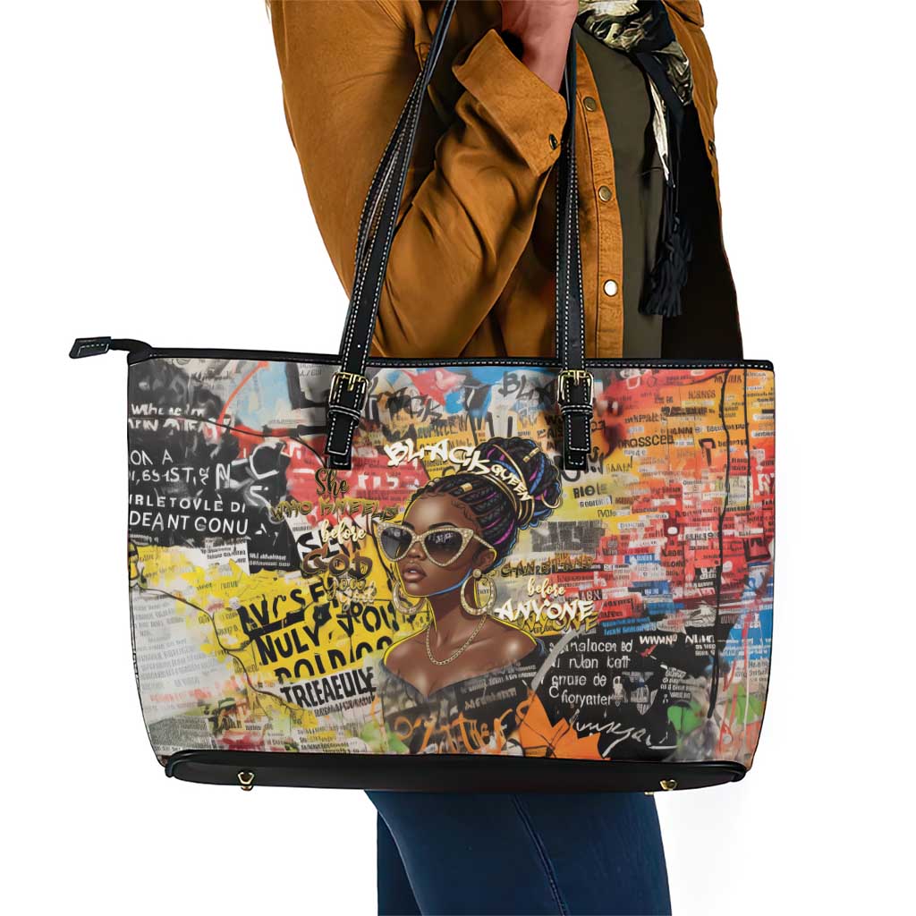 Black Her Story Graffiti Queen Leather Tote Bag Black Woman Empowerment - Wonder Print Shop