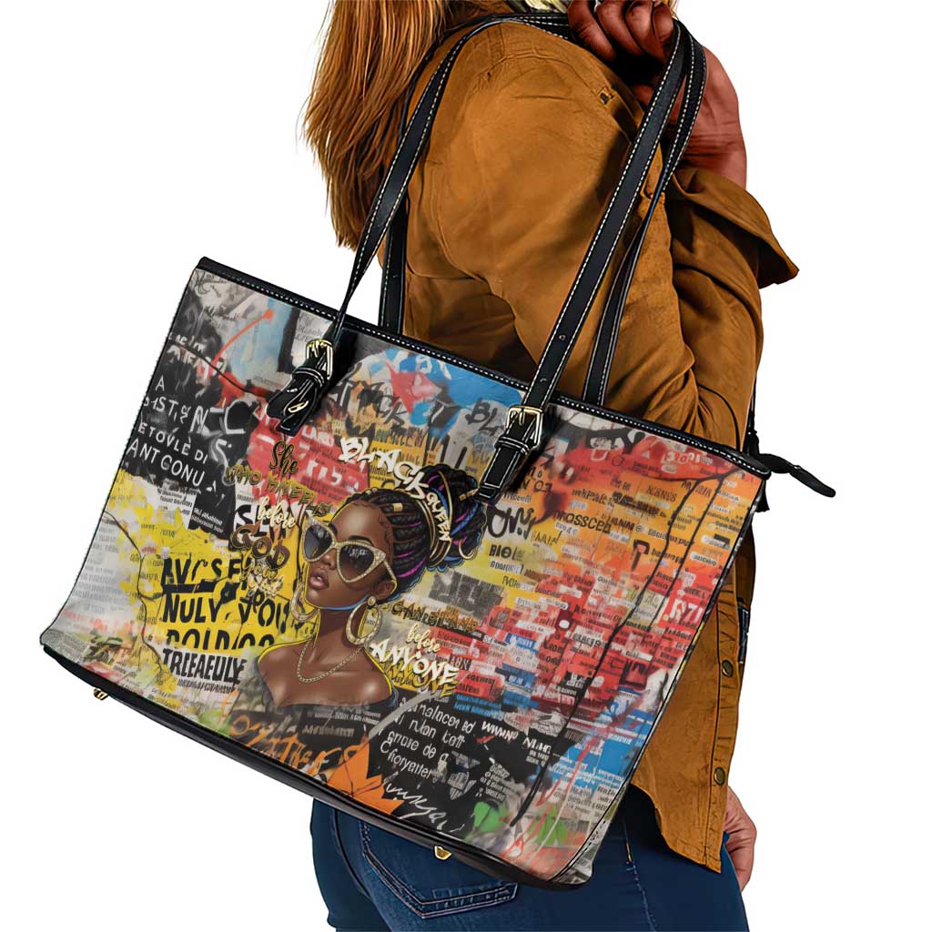 Black Her Story Graffiti Queen Leather Tote Bag Black Woman Empowerment - Wonder Print Shop