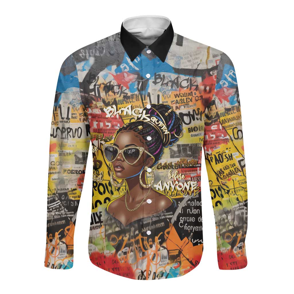 Black Her Story Graffiti Queen Long Sleeve Button Shirt Black Woman Empowerment - Wonder Print Shop