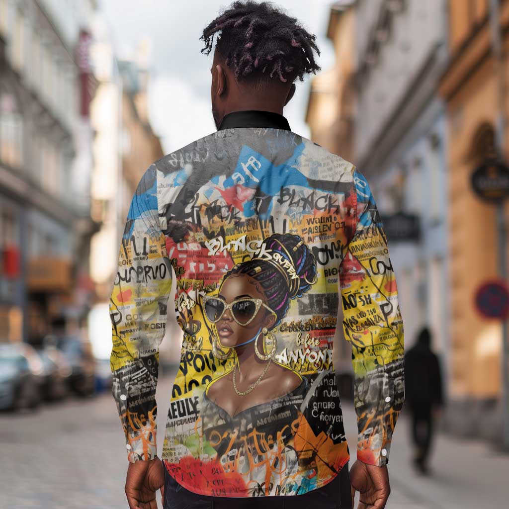 Black Her Story Graffiti Queen Long Sleeve Button Shirt Black Woman Empowerment - Wonder Print Shop