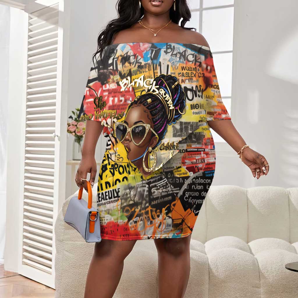 Black Her Story Graffiti Queen Off Shoulder Short Dress Black Woman Empowerment - Wonder Print Shop