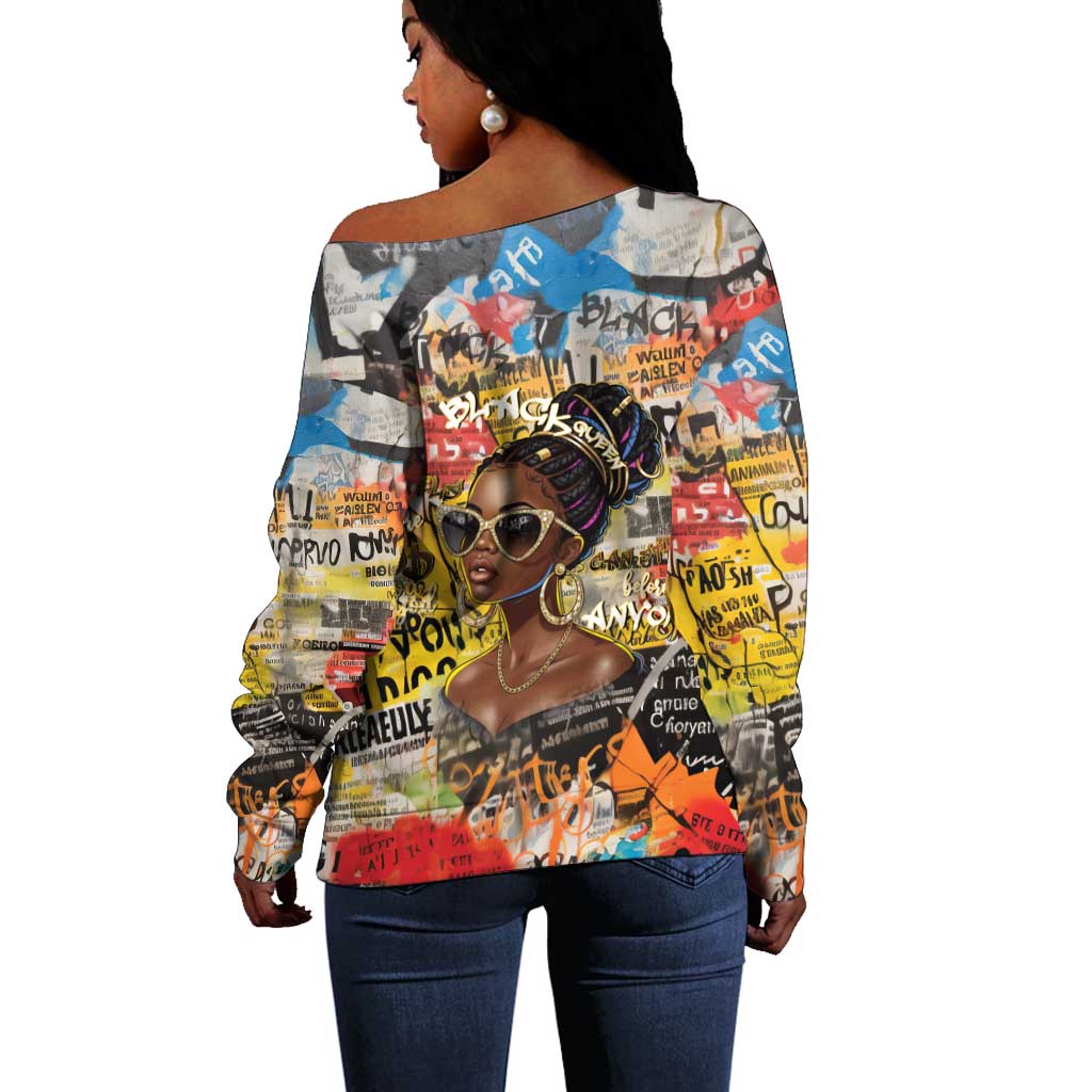 Black Her Story Graffiti Queen Off Shoulder Sweater Black Woman Empowerment - Wonder Print Shop