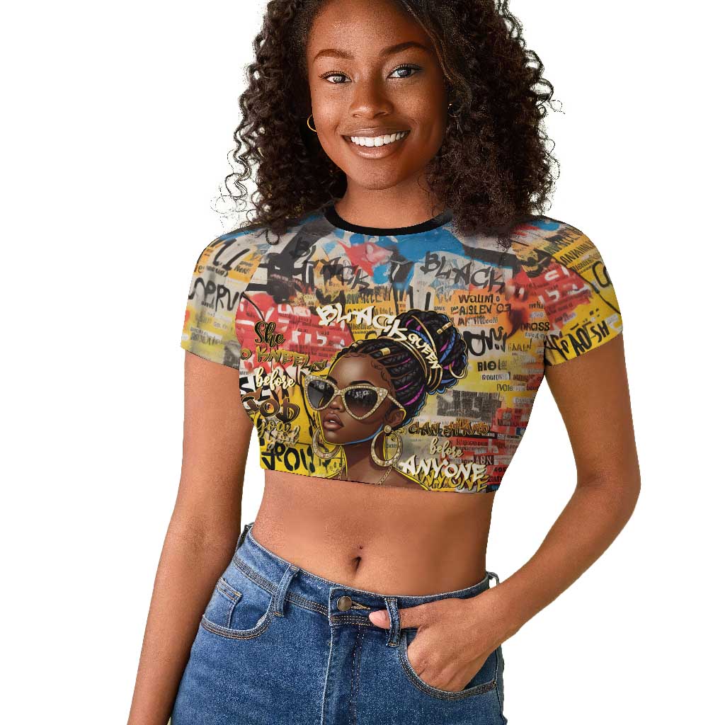 Black Her Story Graffiti Queen Raglan Cropped T shirt Black Woman Empowerment - Wonder Print Shop