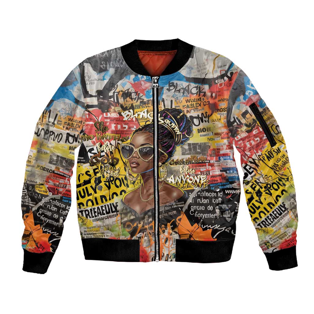 Black Her Story Graffiti Queen Sleeve Zip Bomber Jacket Black Woman Empowerment - Wonder Print Shop