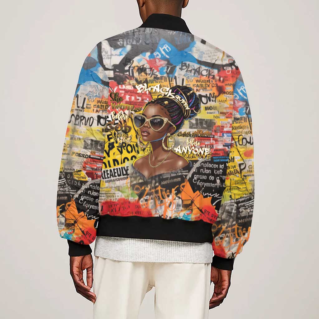 Black Her Story Graffiti Queen Sleeve Zip Bomber Jacket Black Woman Empowerment - Wonder Print Shop