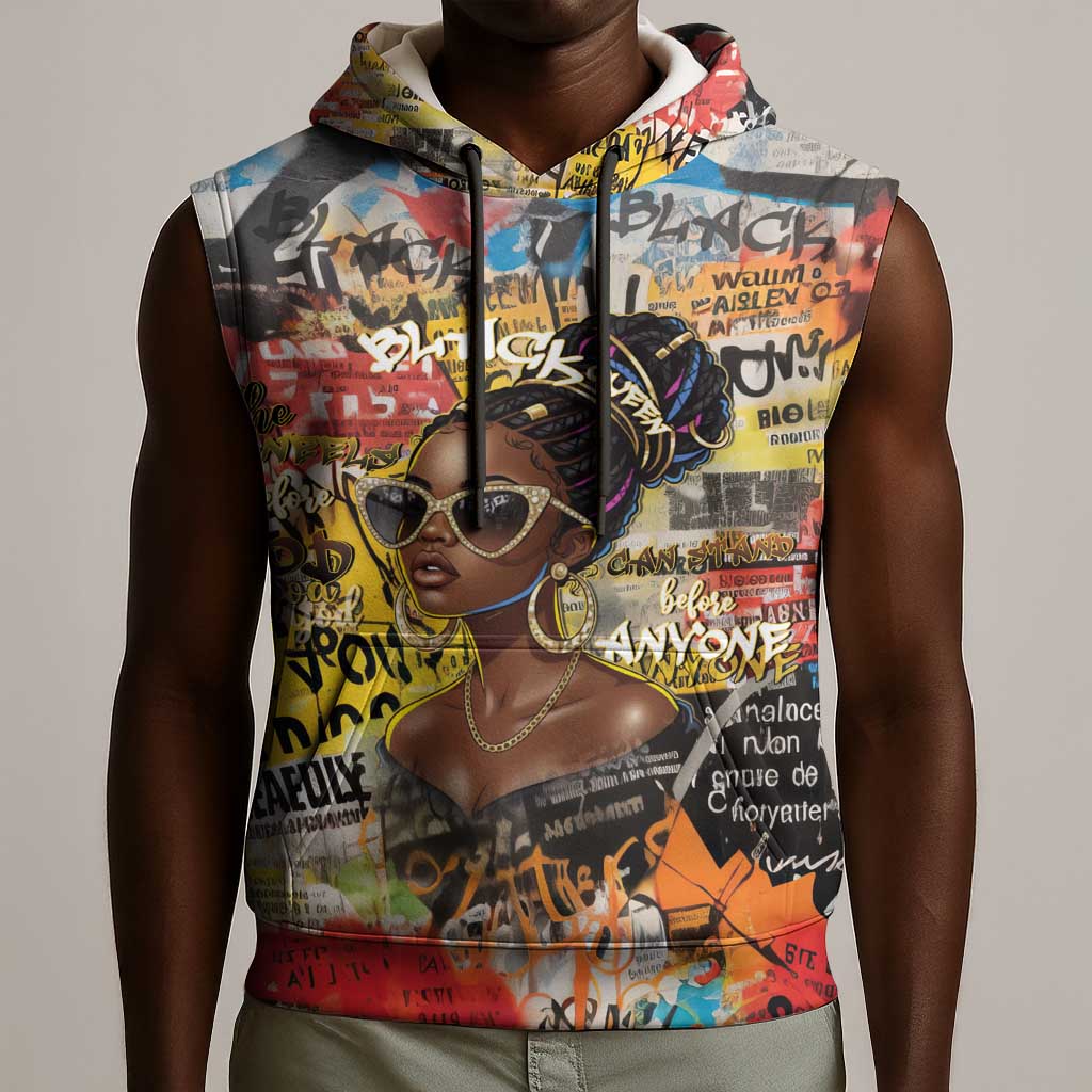 Black Her Story Graffiti Queen Sleeveless Hoodie Black Woman Empowerment - Wonder Print Shop