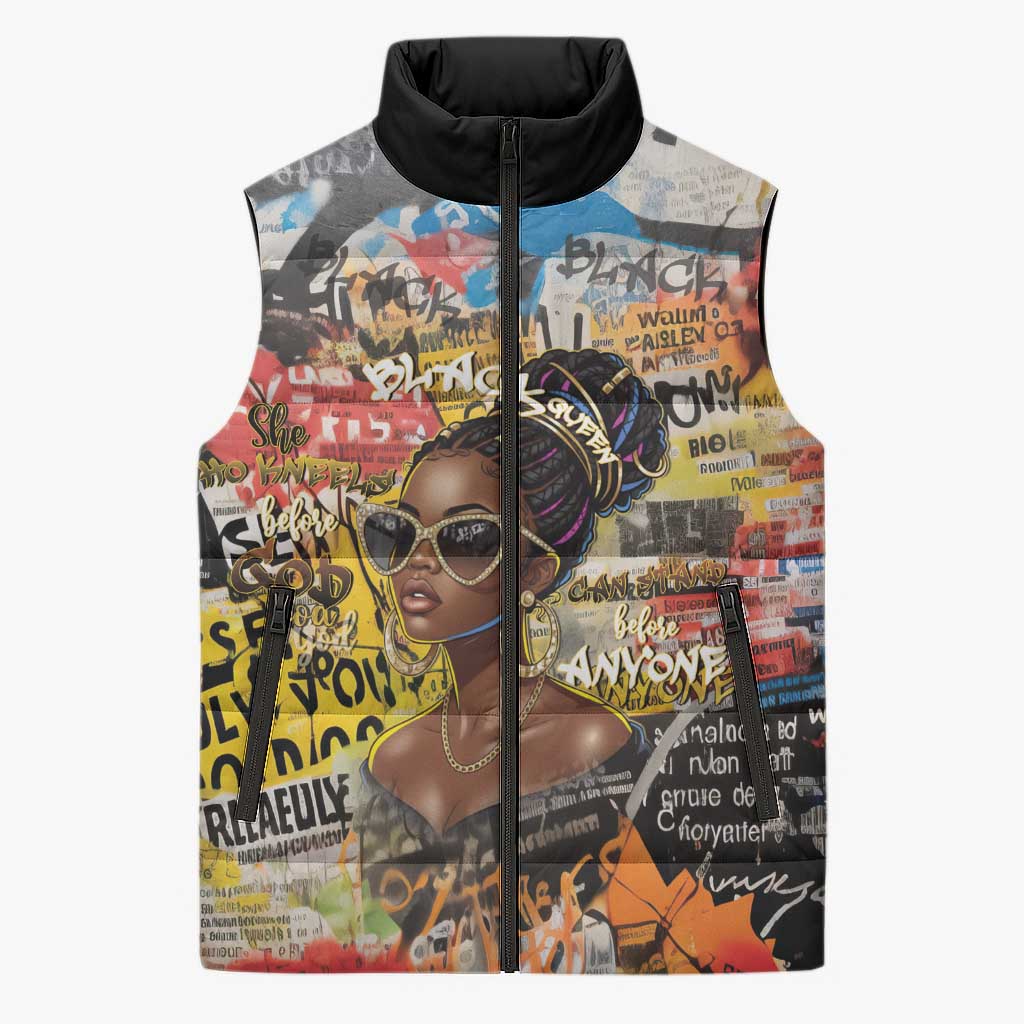Black Her Story Graffiti Queen Sleeveless Puffer Jacket Black Woman Empowerment - Wonder Print Shop