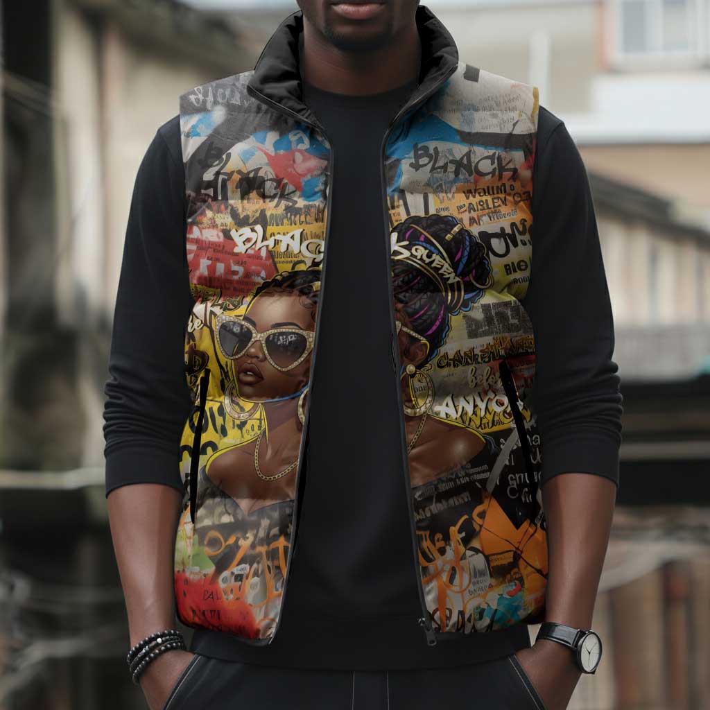 Black Her Story Graffiti Queen Sleeveless Puffer Jacket Black Woman Empowerment - Wonder Print Shop