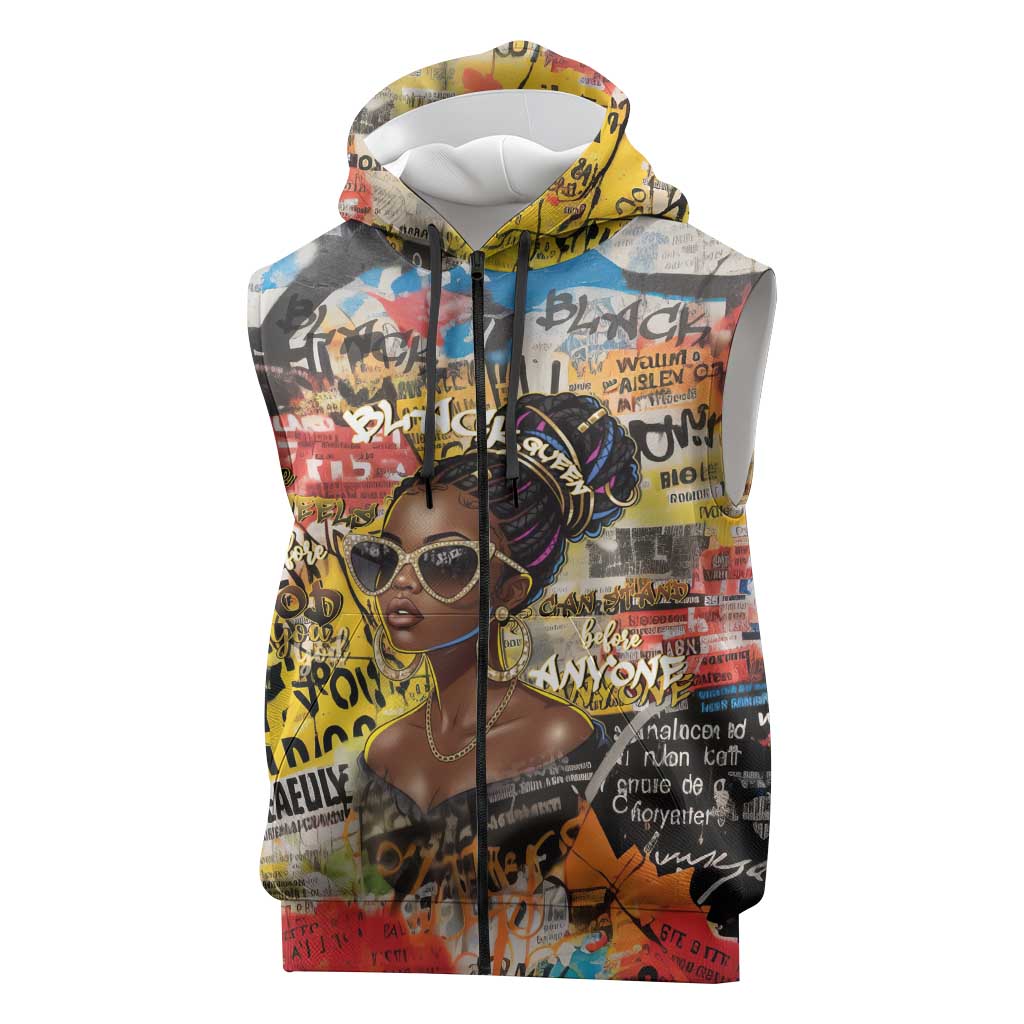 Black Her Story Graffiti Queen Sleeveless Zip Hoodie Black Woman Empowerment - Wonder Print Shop