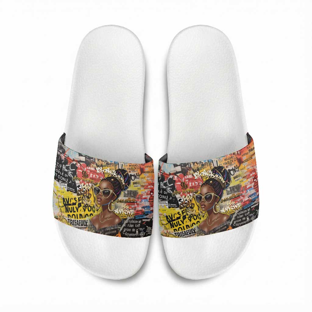 Black Her Story Graffiti Queen Slide Sandals Black Woman Empowerment - Wonder Print Shop