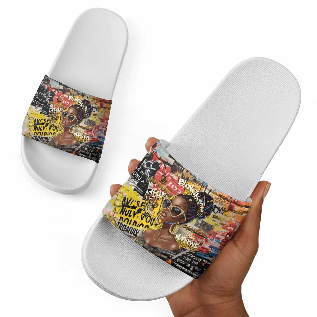 Black Her Story Graffiti Queen Slide Sandals Black Woman Empowerment - Wonder Print Shop