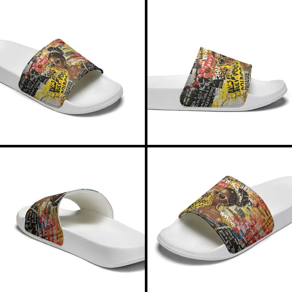Black Her Story Graffiti Queen Slide Sandals Black Woman Empowerment - Wonder Print Shop