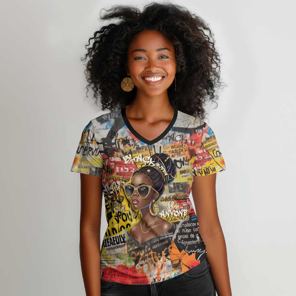 Black Her Story Graffiti Queen Women V-Neck T-Shirt Black Woman Empowerment - Wonder Print Shop