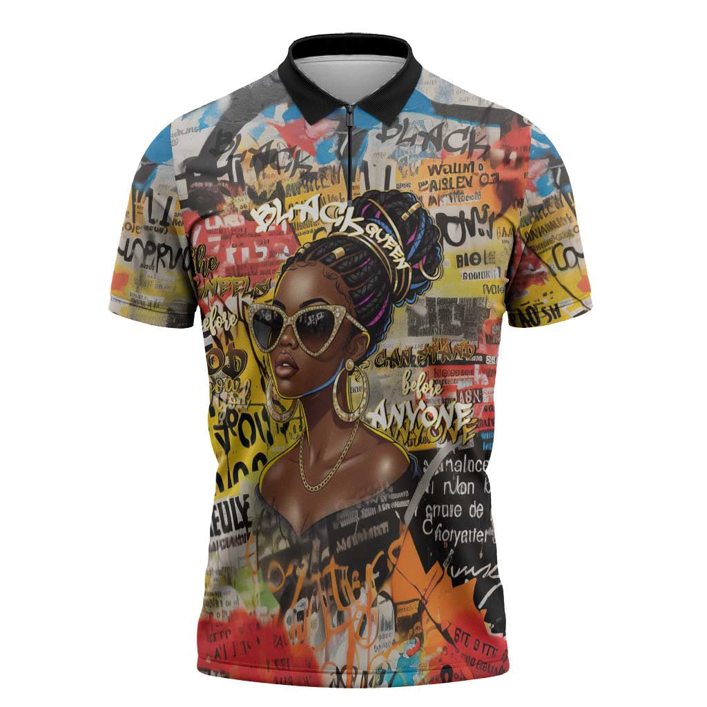 Black Her Story Graffiti Queen Zipper Polo Shirt Black Woman Empowerment - Wonder Print Shop