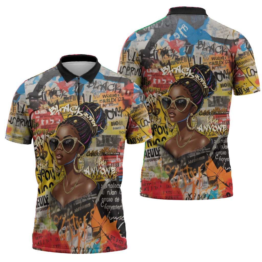 Black Her Story Graffiti Queen Zipper Polo Shirt Black Woman Empowerment - Wonder Print Shop
