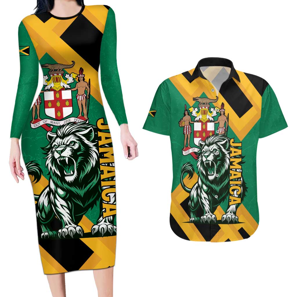 Jamaica Lion Couples Matching Long Sleeve Bodycon Dress and Hawaiian Shirt Coat Of Arms - Sporty Style