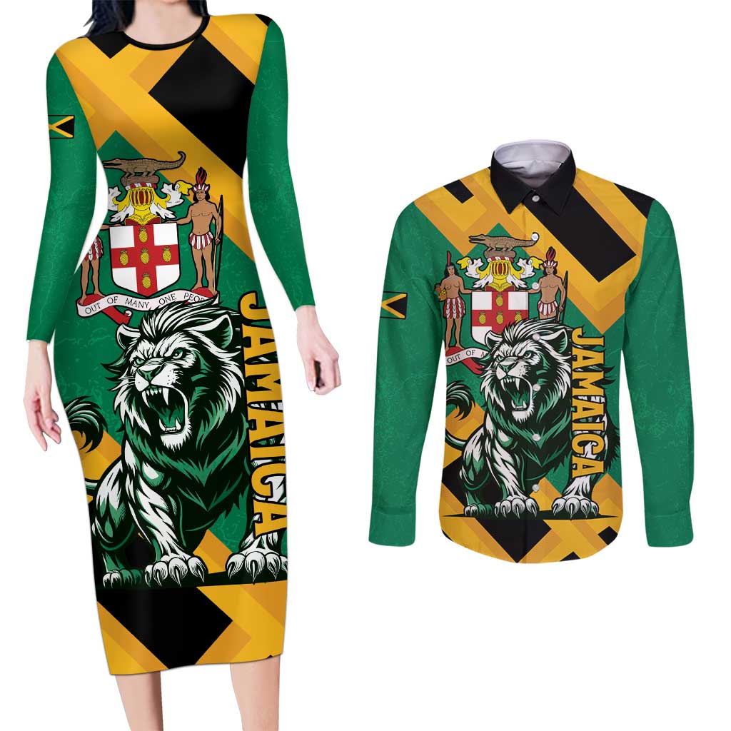 Jamaica Lion Couples Matching Long Sleeve Bodycon Dress and Long Sleeve Button Shirt Coat Of Arms - Sporty Style
