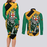 Jamaica Lion Couples Matching Long Sleeve Bodycon Dress and Long Sleeve Button Shirt Coat Of Arms - Sporty Style